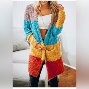 Amazon Women's Popcorn Knit Colorblock Open Front Pockets Cardigan